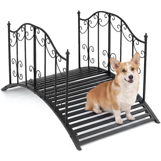 Costway Metalen brug, 118 cm, vijverbrug 150 kg belastbaar, tuinbrug met decoratieve leuningen, metalen brug antieke look, stabiel en weerbestendig, sierbrug voor tuin, beek, vijver, zwart