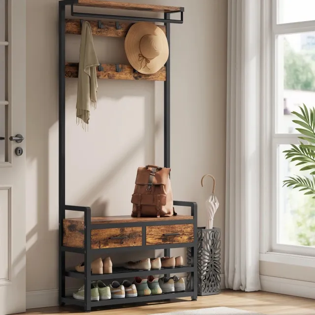 Vivero Kapstok - Kapstok staand - Kapstok met schoenenrek - Handig 6 in 1 ontwerp - Prachtig en stevig design inclusief lade - Kleur walnoothout Bruin met zwart