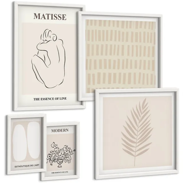 Coloray 5-Delige Schilderij Set - Minimalistische Lijnen En Vormen In Een Moderne Uitvoering. - 50 x 50 cm, 20 x 30 cm En 40 x 60 cm - Wanddecoratie - Moderne Interieurdecoratie - Decoratieve Schilderijen Witte lijst