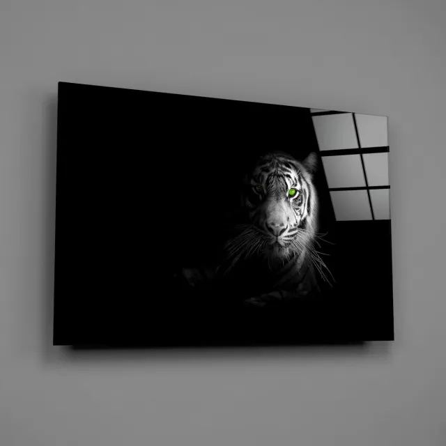 Insigne Art Glasschilderij Tijger met Groene Ogen - Dark Art Design - Luxe Dieren Wanddecoratie - 72 x 46 cm Zwart