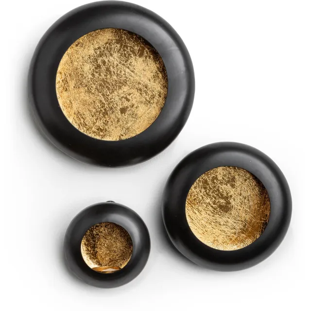 VIDI Wandkandelaar set van 3 - Rond - Goud met zwarte rand - 13, 18 en 23 cm - Waxinelichthouders voor aan de muur