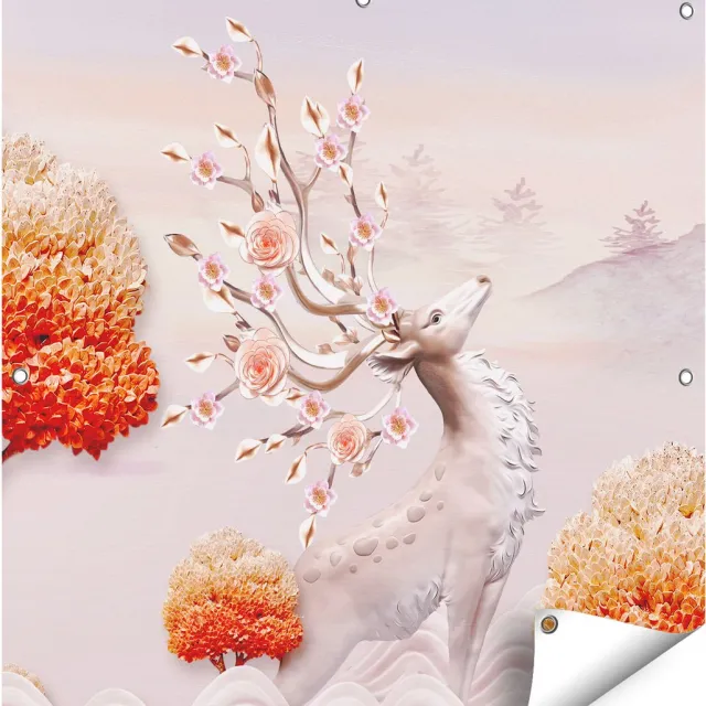 Gards Tuinposter 3D Illustratie Hert - Abstract - 80x80 cm - Tuindoek - Tuindecoratie - Wanddecoratie buiten - Tuinschilderij Multikleur