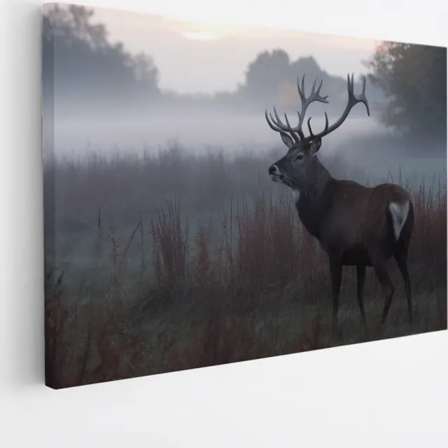 Saammp Canvas Schilderij - Hert - Mist - Natuur - Dieren - 100x75 - Foto op canvas - Wanddecoratie - Muurdecoratie Woonkamer - Slaapkamer decoratie - Canvas Print Multicolor