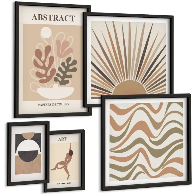 Coloray 5-Delige Schilderij Set - Stijlvolle Abstracties Met Plantmotieven En -Vormen. - 50 x 50 cm, 20 x 30 cm En 40 x 60 cm - Muurdecoratie - Wanddecoratie - Hal Zwarte lijst