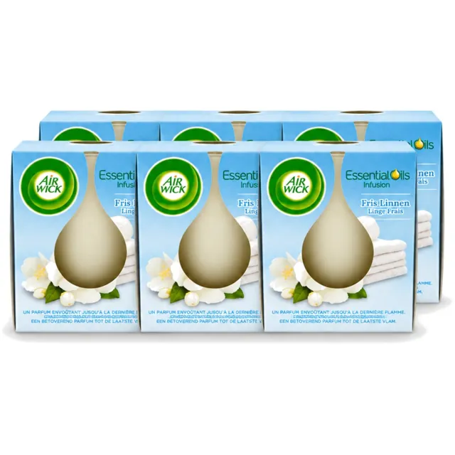 Air Wick 6 x Air Wick – Geurkaars – Fris Linnen met Essentiële Oliën – 105 g - Voordeelverpakking - 6 stuks Wit