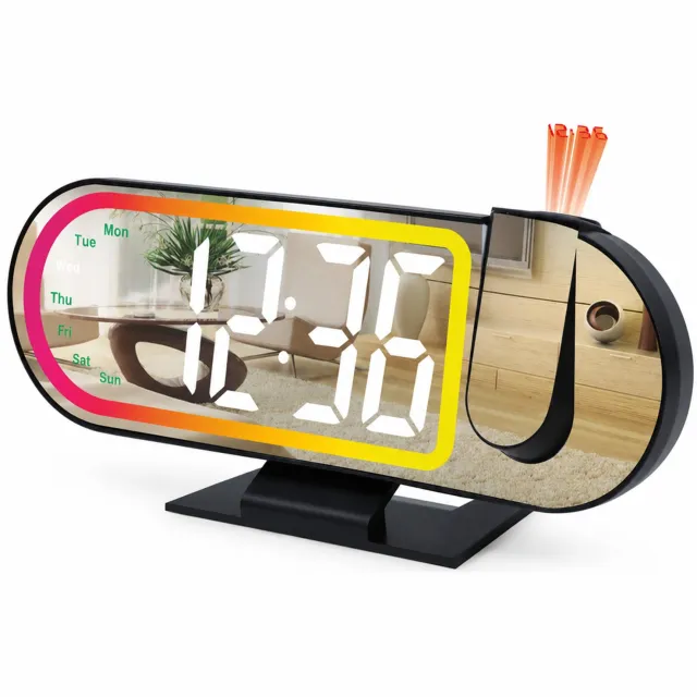 SWGOTA Digitale LED-projectieklok met weekdagweergave, meerkleurige rand en tafelvoet Wit