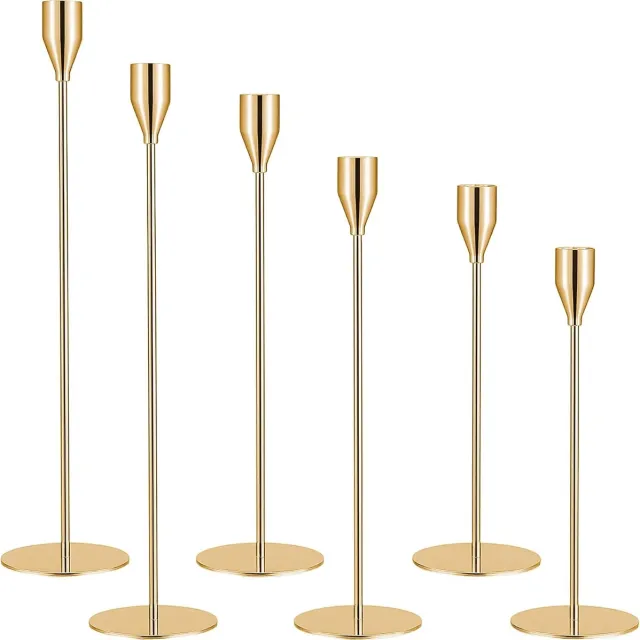 JIAYUET Set van 6 kaarsenhouders - goud - staafkaarsen met 3 maten - 22 - 5 - 27 - 5 - 32 - 5 cm - metaal - goud - staafkaarsenhouder - kandelaar goud voor bruiloften - feesten - verjaardagen - tafeldecoraties