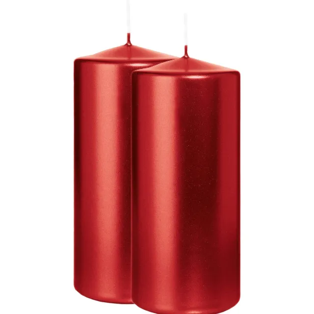 Wiedemann Cilinderkaars/stompkaars - 2x - metallic rood - 15 x 7 cm - 63 branduren - zuilkaarsen Donkerrood
