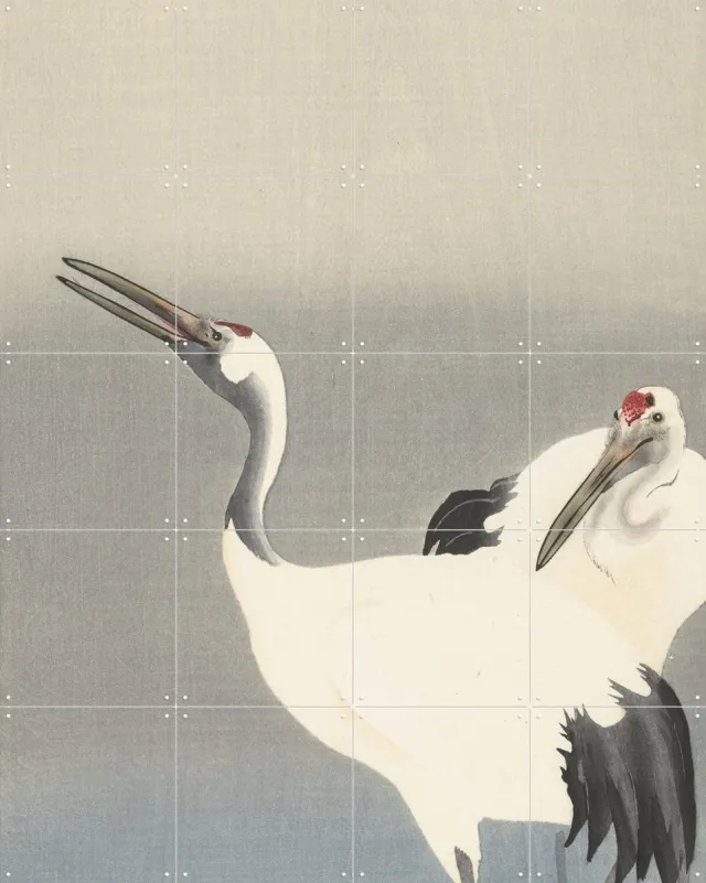 IXXI Two Cranes, Ohara Koson & Rijksmuseum - 80 x 100 cm - Grote wanddecoratie en posters - Houtsnede, Ukiyo-e, Klassiek, Woonkamer, Slaapkamer Koele tinten / Wit