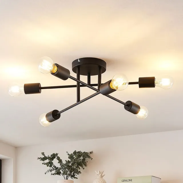 Lindby plafondlamp - 6lichts - IJzer - H: 19 cm - E27 - zwart