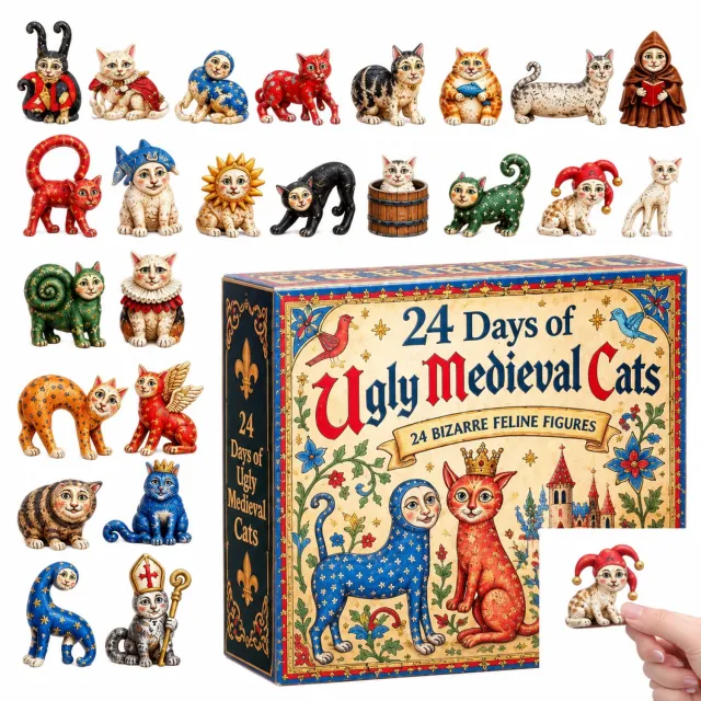 SWGOTA Adventskalender met middeleeuwse katten, 24 platte acrylfiguren in bedrukte geschenkdoos Multicolour