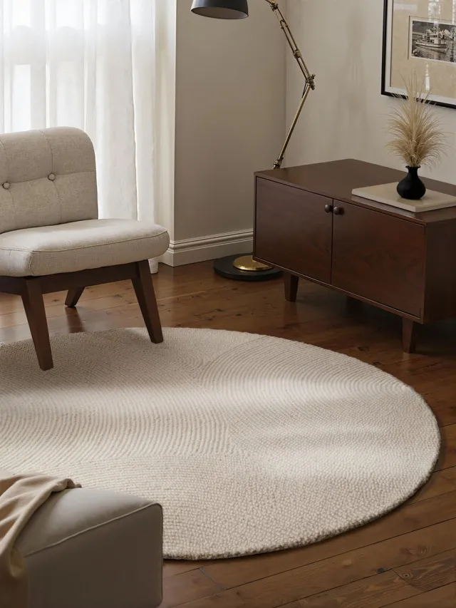flycarpets Calmio Rond Wollen Vloerkleed Crème - Laagpolig - Japandi / Scandinavisch - Ø 150 cm rond