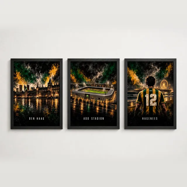 Joshimo ADO Den Haag Drieluik Poster Set | Stadion, Den Haag & Hagenees | Inclusief 3 Zwarte A4 Lijsten Groen