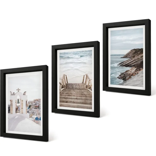 Coloray 4-Delige Schilderij Set - Uitzicht op de zee en de architectuur van Santorini tegen de hemel. - 20 x 30 cm - Wanddecoratie - Moderne Interieurdecoratie - Interieur Decoratie Zwarte lijst
