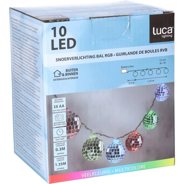 Luca Lighting LED discobollen lichtsnoer - 10 led bolletjes -gekleurd - 150 cm - disco - spiegelbollen - discofeest