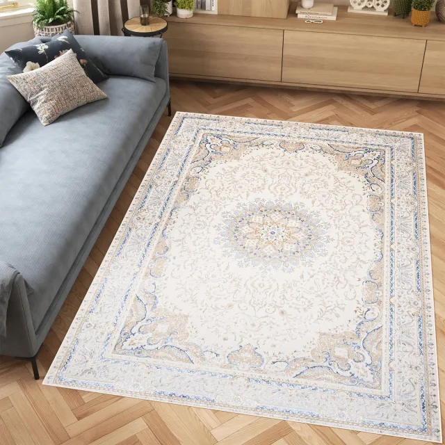 Tapiso Hera Vloerkleed Beige Blauw Woonkamer Licht Vintage Frame Tapijt