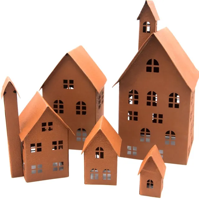 UNUS Huisjes decoratieve 5-delige set, lichthuisjes van metaal roestkleur Bruin