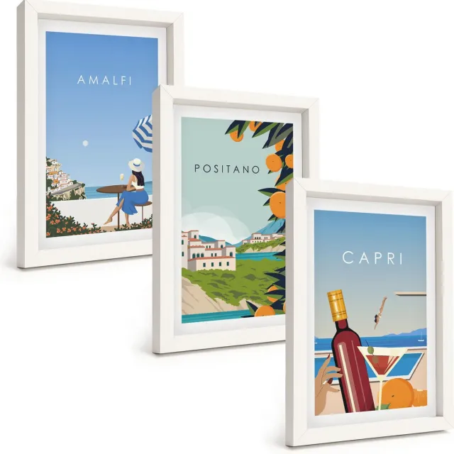 TULUP 3-Delige Schilderij Set - Vakantiegezichten Amalfi Positano en Capri - 20x30 - Wanddecoratie - Moderne Interieurdecoratie - Woonkamer Decoratie Witte lijst