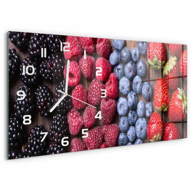 TULUP Wandklok - Bosvruchten Wandklok Glas Met Motief - 60x30 cm - Veelkleurig Decoratieve Glazen Klok - Witte handen - Rechthoekige Klok - Gekleurde Glazen Klok - Glazen Klok Met Print