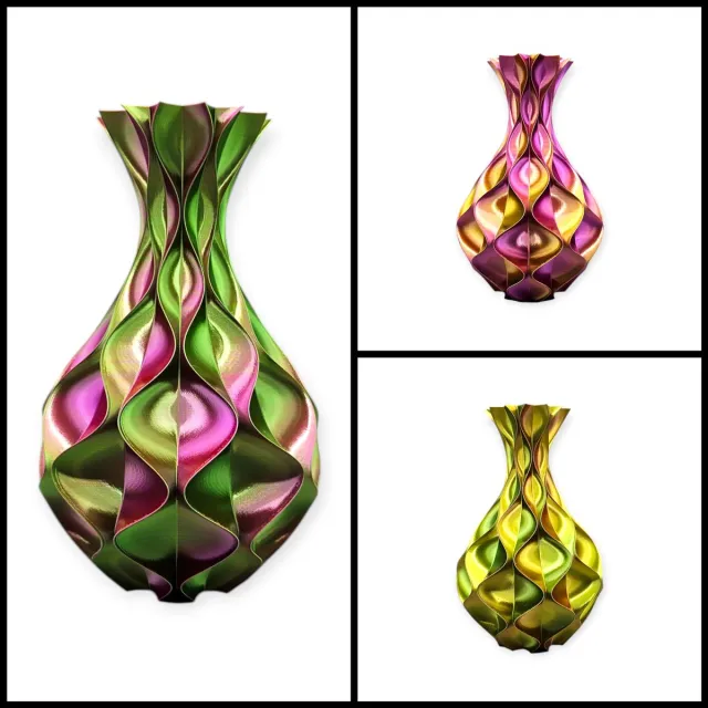 Layerzz Vaas Wave Elegance - 3-D print - voor droogbloemen en zijdebloemen - modern - kleurrijk - goud groen paars