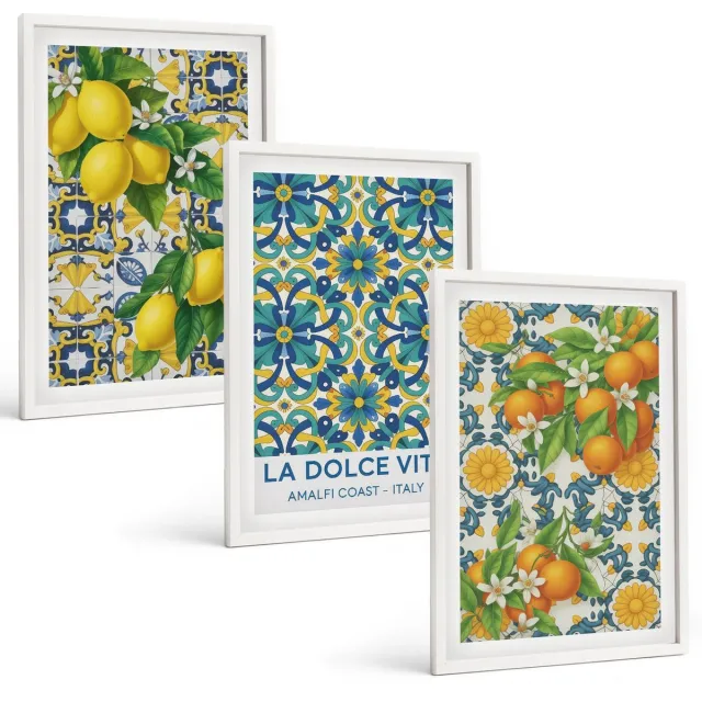 Coloray 3-Delige Schilderij Set - Citroenen, Bloemen En Sinaasappels In Italiaanse Stijl - 40 x 60 - Moderne Wanddecoratie - Woonkamer - Interieur Decoratie Witte lijst
