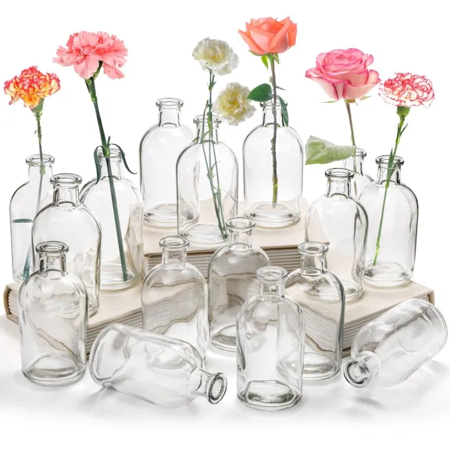 Imperatoris Glazen Vazen / Glazen Flessen – Mini Decoratieve Vaas Flesjes – Helder Glas – Inclusief Strik – 16 Stuks – 6.1 x 6.1 x 23 cm – Transparant