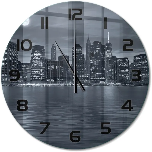 TULUP Wandklok - New York 's nachts Klok Glas Met Opdruk - fi60 cm - Zwart-wit Moderne Wandklok Glas - Zwarte handen - Ronde Klok - Decoratieve Glazen Klok - Glazen Wandklok Design