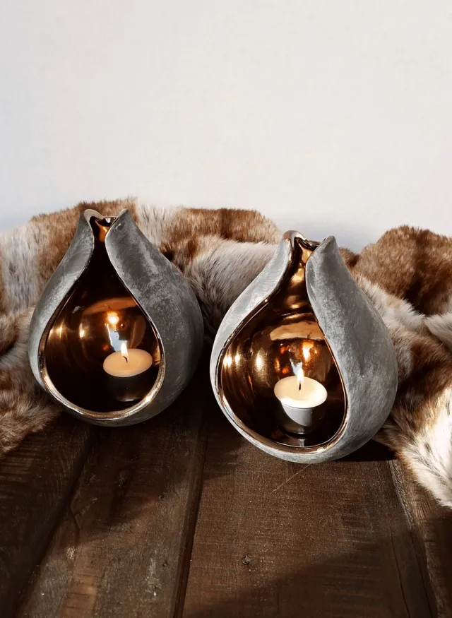 Brynxz Waxinelichthouder - Theelichthouder - Set van 2 stuks – Stone – Keramiek - Grijs en goud – D.14 H.18cm Goud Grijs