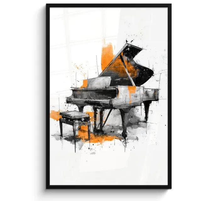 FrameYourWall Poster in lijst - Fotolijst 80x120 cm - Posters - Piano - Oranje - Zwart - schets lijnen - Posterlijst zwart - Decoratie - Wanddecoratie woonkamer - Muurdecoratie slaapkamer