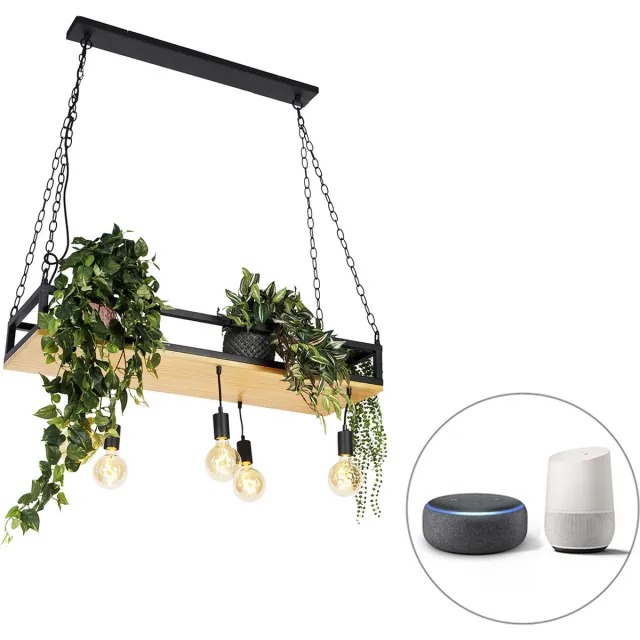 QAZQA shelf - Industriele Dimbare LED Smart Hanglamp eettafel incl. wifi met Dimmer voor boven de eettafel | in eetkamer - 5 lichts - L 100 cm - Zwart - Industrieel - Woonkamer | Slaapkamer | Keuken Zwart Smart LED