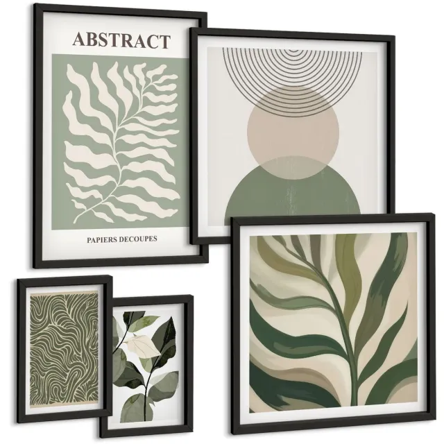 TULUP 4-Delige Schilderij Set - Abstracte composities met plantmotieven en -patronen - 50 x 50 cm, 20 x 30 cm en 40 x 60 cm - Wanddecoratie - Muurdecoratie - Moderne Interieurdecoratie - Woonkamer Decoratie Zwarte lijst