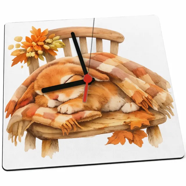 Mr Cadeautjes Klok 19 x 19 - design Een uitgestrekte konijnendut onder een plaid op een houten s | cadeau Wit