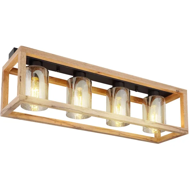 Globo Plafondlamp eettafel retro plafondlamp rustiek landhuis woonkamer hout, MDF glas gerookt metaal, 4 vlammen E27, LxBxH 75x20x22,5 cm Bruin