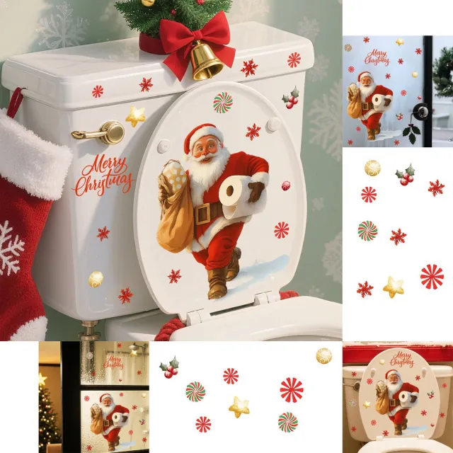 KZQ Kerst Muurstickers - Kerstman & WC Sticker - Kerstdecoraties - Voor Badkamer Woonkamer Slaapkamer - Rood/Wit