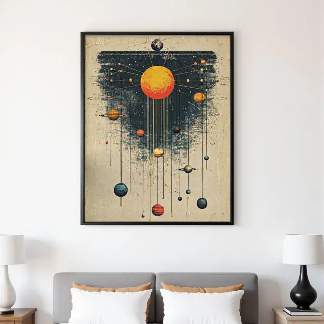 Muurteksten.nl Wanddecoratie Zonnestelsel - Schilderij van Planeten in Vintage Stijl op Canvas - Retro Ruimte Kunst voor Woonkamer, Slaapkamer of Kantoor Zwart, Geel, Wit, Oranje