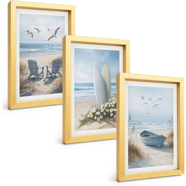 TULUP 4-Delige Schilderij Set - Strand met surfplanken, boten en vogels - 20 x 30 cm - Schilderijen Set - Wanddecoratie - Woonkamer - Woonkamer Decoratie Gouden lijst