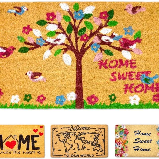 Ibenzoa Kokosvezel Deurmat met Gekleurd Boomontwerp voor Binnen en Buiten, 40 x 70 cm beige