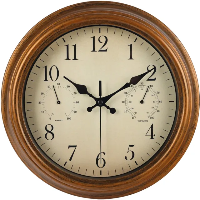 IvoQ Waterdichte Retro Wandklok – 30 cm – Stille Quartz Klok – Weerbestendig – Met Thermometer & Hygrometer Bruin Houtlook