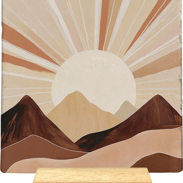 Artige Decoratie tegel - Zon - natuursteen - 10x10 cm - inclusief houder beige