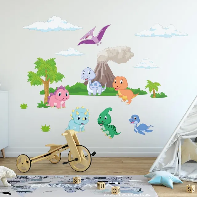 Ambiance Sticker Muurstickers - Dinosaurussen en de vulkaan - Zelfklevende stickers - 150x100cm Multi color
