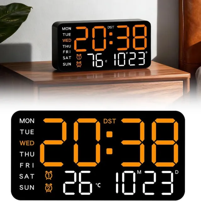 VHV Digitale Wandklok LED - USB Klok met Dubbel Alarm, Temperatuur en Datumweergave - Instelbare Helderheid - Zwart Oranje