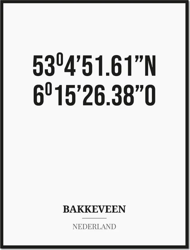 Studio216 Poster/kaart BAKKEVEEN met coördinaten zwart, wit