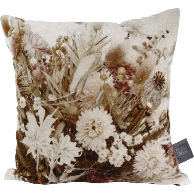PTMD COLLECTION PTMD Charlet vierkant kussen - 45 x 10 x 45 cm - kantoen fluweel creme gedroogde bloemen sierkussen