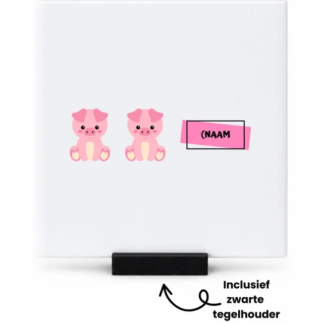 Hacebo Varkens met eigen naam tegeltje met tegelhouder - Varken - dieren liefhebbers - tegeltjes met tekst - leuke cadeau voor iemand die van houdt van biggen - verjaardagscadeau - kado - gift - spreuktegels - 10.8x10.8 CM Wit