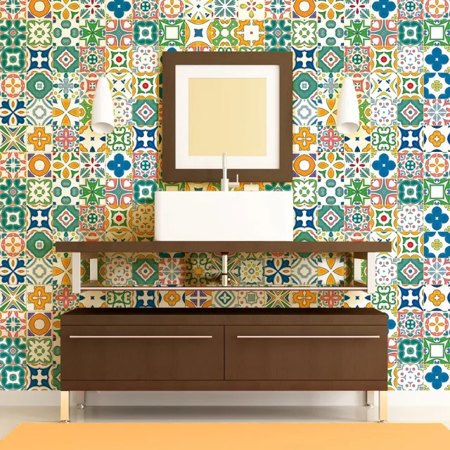 Ambiance Sticker Zelfklevende tegelmuurstickers voor keuken en badkamer - 60 cementtegelstickers, Azulejos Lotina - 60 stickers, 15x15cm Multi color