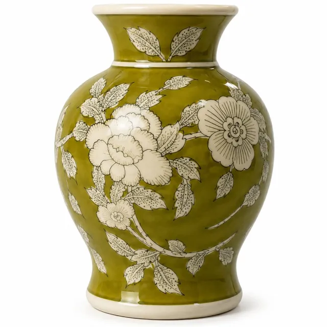 Goods Porseleinen Bloemenvaas Groen Wit Bloemmotief – Chinoiserie Stijl – Ø 15 × H 18 cm