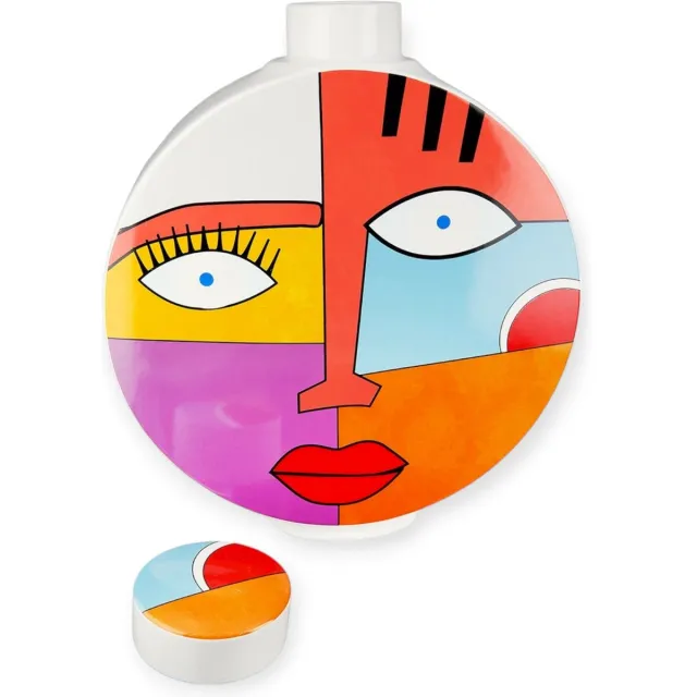 Gilde handwerk Vaas - Graphic Face -Grafisch gezicht motief - Multicolour - 7.5x24x29.5cm Oranje