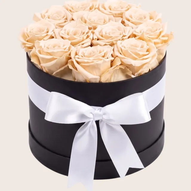 RoseAmor Rozenbox met 12 Longlife Rozen – Echte Houdbare Rozen in Zwarte Cadeaubox met Lint – Goud