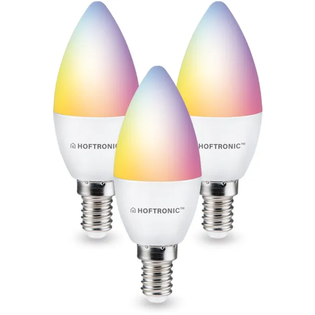 HOFTRONIC SMART E14 SMART Wifi LED Lamp 3 Stuks - RGBWW 5.5 Watt 470lm C37 Dimbaar - Bedienbaar via Hoftronic Smart App - Bedienbaar via stem