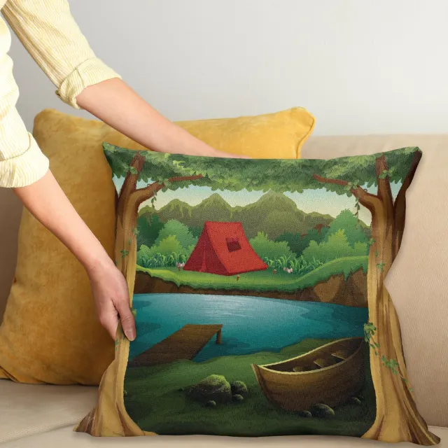 ABAKUHAUS Camping Sierkussenhoes, Idyllic Natuur Scene van een Deep Bos met Meer en Bergen Cartoon Bos, Decoratieve Vierkante Sierkussenhoes, 45 x 45 cm, Bruin Groen